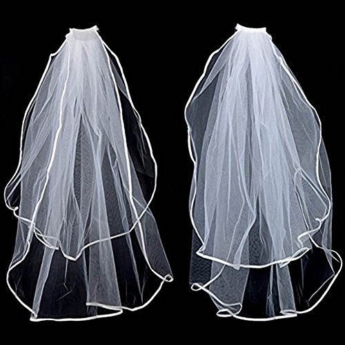 2T WHITE WEDDING BRIDAL ELBOW SATIN VEIL WITH COMB WAIST 2 LAYERS