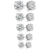 925 Sterling Silver Round CZ Solitaire Cubic Zirconia Unisex Stud Earrings, 3mm. 4mm. 5mm. 6mm. 7mm. (Set of 5)