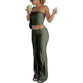 LICOBOD Sexy lounge wear 2 Piece Outfits for Women Crop tube Top High Waist Foldover Flare Pants Sets Beach Vacation Trave