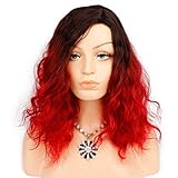 Short Curly Bob Wig Ombre Red Synthetic Wigs Shoulder Length Red Wavy Wig for Women Cosplay Daily Party Wigs 14 inch (1b/ Red,Side Part)