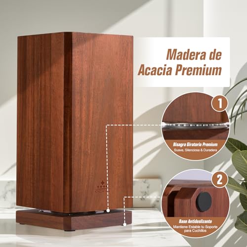 ENOKING 360° Rotating Kitchen Knife Holder, Kitchen Knife Holder with Bristles, Acacia Wood Knife Holder, Magnetic Knife Organizer for Knives and Utensils