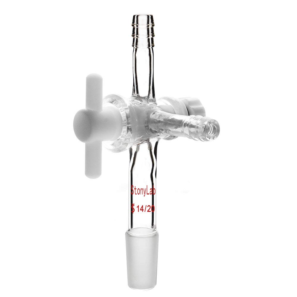 StonyLab Vacuum Glass 3-Way Flow Control Adapter, Borosilicate Glass Adapter with Standard 14/20 Taper Joint and PTFE Stopcock for Laboratory