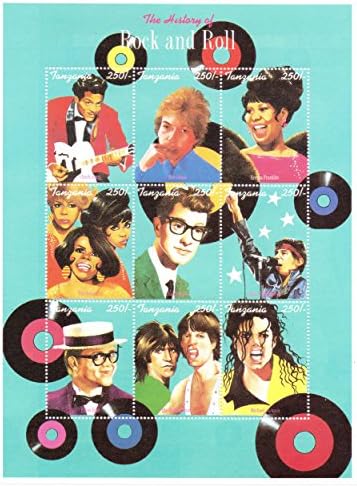 The history of Rock and Roll large stamp sheet - Chuck Berry, Bob Dylan, Aretha Franklin, Buddy Holly, Bruce Springsteen, The Rolling Stones and more - 9 Superb condition stamps for collectors - / Tanzania / 250F