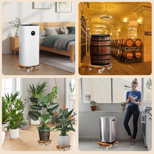 Plant Caddy, 2 PCS 14" with 5 Wheels, Rolling Plant Stand 220 LB Heavy Duty, Wooden Plant Dolly with Metal 360° Lockable Caster Wheels, for Outdoor Indoor Large Plant Pots, Flower Pot, Patio (Round)