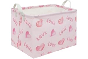 FXOCSHE Valentines basket,Pink Heart Basket,Collapsible waterproof nursery laundry basket,Pink girls gift basket,kids toy storage Bin, Love Heart Room Decor for Home,Shelf Baskets(Love hearts)