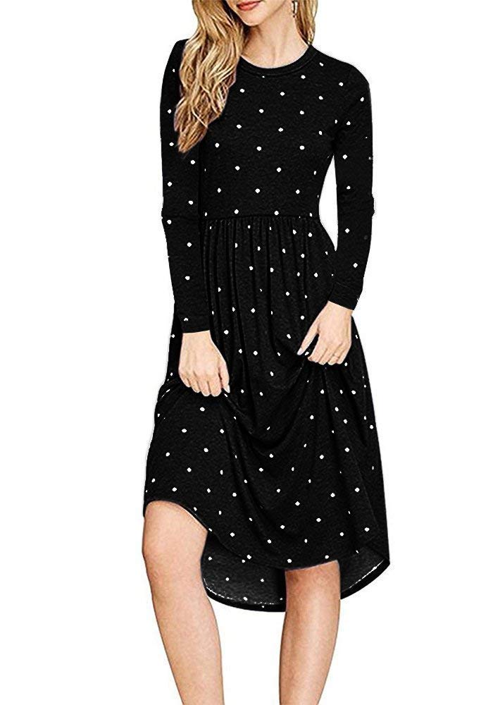 AMCLOS Women Pleated Polka Dot Pocket Swing Casual Midi T Shirt Dress Long Sleeve (Black, 2XL)
