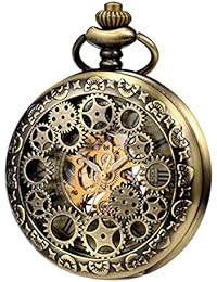 TREEWETO Mens Womens Mechanical Skeleton Pocket Watch Bronze Gear Hollow Case Steampunk Fob Watches with Chain Box