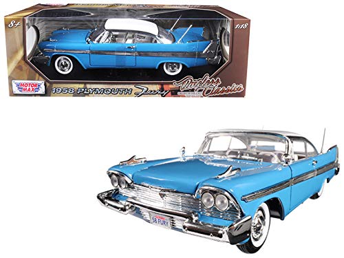 Motormax 1958 Plymouth Fury Timeless Classics Blue White Top 1/18 Diecast Model Car
