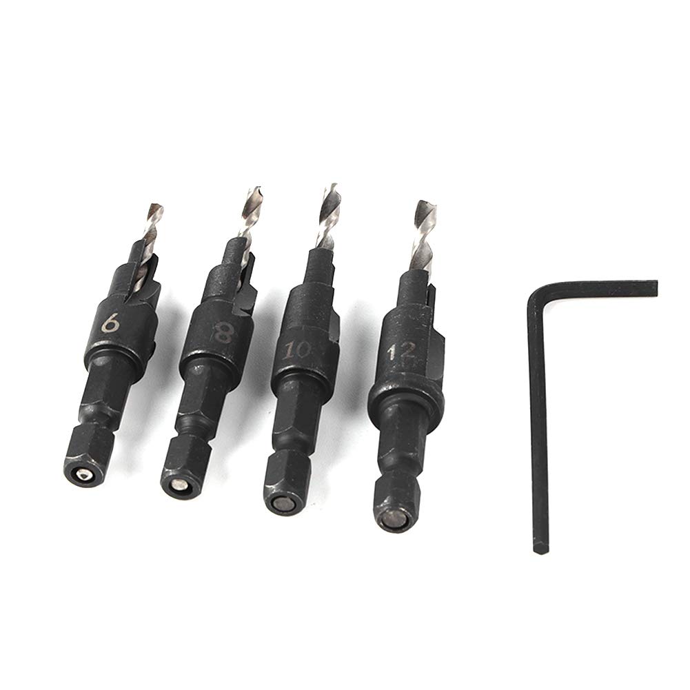 GOTOTOP HSS Drill Bit Set 4pcs Tapered Drill Bit Set Metal Hex Shank with Hex Key Milling Woodworking Tools
