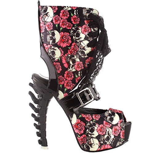 SHOW-STORY-Punk-Skull-Rose-Print-Stud-Buckle-Lace-UpPlatform-Bone-Heel-Club-Ankle-Bootie-SandalsLF80663