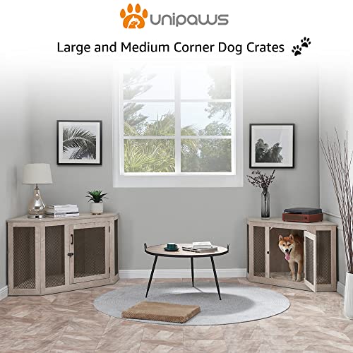 unipaws Furniture Corner Dog Crate with Cushion, Dog Kennel with Wood