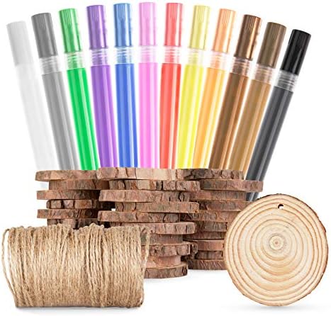 Wood Slices Craft Kit 30 Pcs 2.75"-3.50" Unfinished with Holes, Great for Arts and Crafts, Rustic Weddings, Coasters, Wall Art, and DIY Christmas Ornaments (Bonus: Twine and Paint Markers Included)
