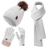 Winter Hat Scarf Gloves Set for Women, Classic Cable Beanie with Removable Pom Pom Long Scarf Touchscreen Gloves 3 in 1 Set