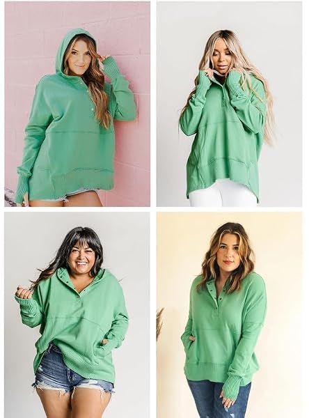 SHEWIN WOMENS SWEATSHIRT CASUAL LONG SLEEVE HOODIES PULLOVER TOPS OVERSIZED BUTTON V NECK HOODIE FALL SWEATSHIRTS FOR WOMEN LOOSE FIT,US 0-2(XS),GREEN