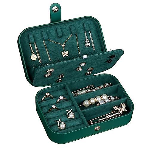 Travel Jewelry Box, PU Leather Small Jewelry Organizer for Women Girls, Portable Mini Travel Case Display Storage Holder Boxes for Stud Earrings, Rings, Necklaces, Bracelets (Ink Green)