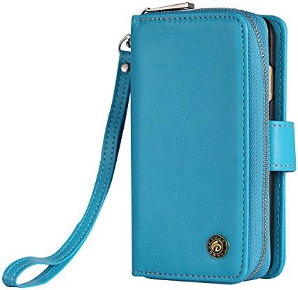 SDF2016 Wallet Case Handmade Genuine Cowhide Leather Wallet Cover Case - Large Capacity Leather Wallet Type Case with Zipper Wallet Pocket for iPhone 7 (Blue)