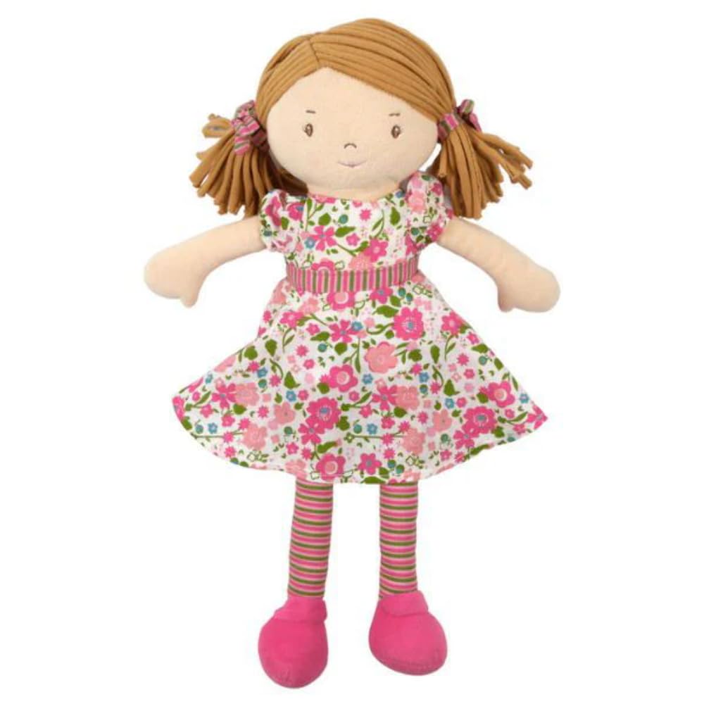 Bonikka Fran Soft Body Doll - Traditional Soft Toy for Girls - Organic Cotton Baby Dolly with Light Brown Hair in Dark Pink & Green Dress – Pretend Play and Tea Party Friend