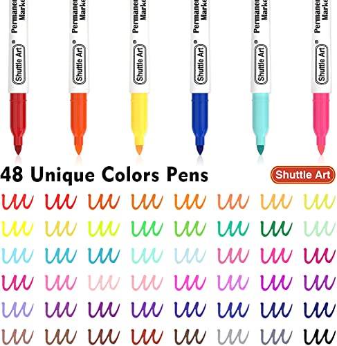 Shuttle Art Permanent Markers, 48 Colors Fine Point, Assorted Colors with Travel Case, Ideal for Adults Coloring Doodling on Plastic, Glass, Wood and Stone, Gift for Kids