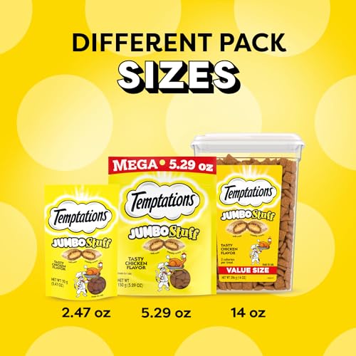 TEMPTATIONS JUMBO STUFFED CAT TREATS, CRUNCHY AND SOFT CAT TREATS, TASTY CHICKEN FLAVOR, 14 OZ. TUB