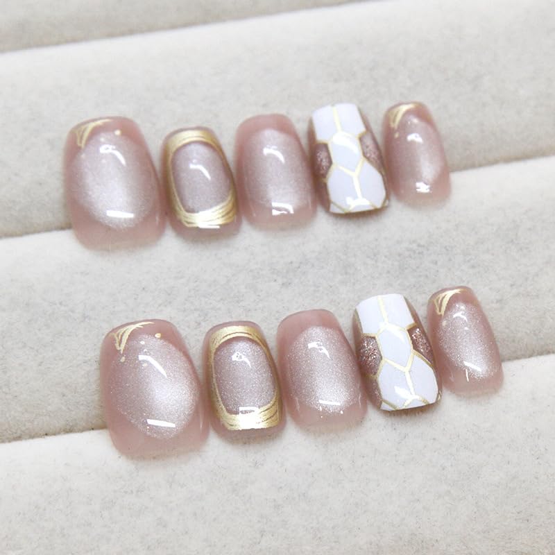 Mgmxbsth 10pcs Cat's Eye Press on Nails, Nude Square Snake French Tip False Nails, Full Cover Fake Nails for Women and Girls (Wild)