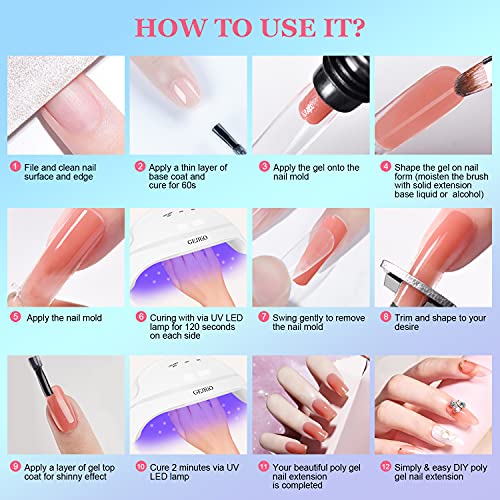 GEJRIO Poly Gel Nail Kit with UV Lamp, Poly Gel Kits with 6 Colors, Gel Base and Top Coat, Nail Art Supplies, All in One Extension Builder Gel for Nails for Professional and Beginner DIY at Home