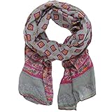 Bucasi Colorful Ikat Print Grey Scarf Orange Red Hot Pink Light Grey