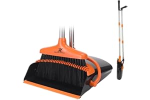 INDCAN IMPORT - Premium Broom and Dustpan Set with Long Handle for Home & Garden | Upright Standing, Self-Cleaning Teeth | Pe