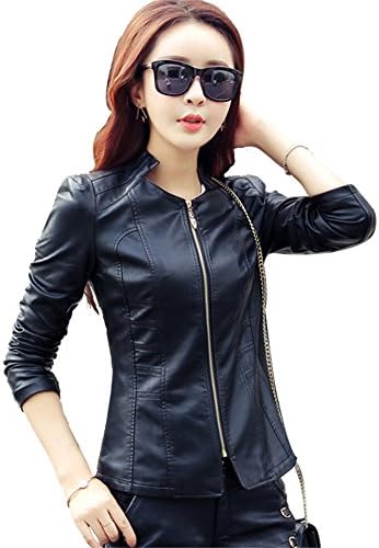 JZOEOEU Women's Round Neck Slim Stylish Zipper Motorcycle Blazer Biker Faux Leather Black Jackets