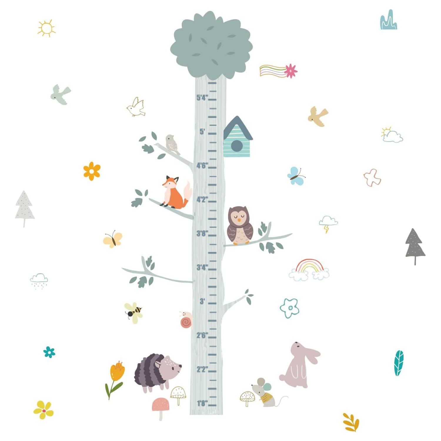 SUPERDANT Cartoon Animals Height Growth Chart Wall Sticker Big Tree Animal Owl Height Measure Decals with Sun Flower Rainbow Wall Decor for Nursery Kids Bedroom Decoration Children's Day Gift 40-140cm