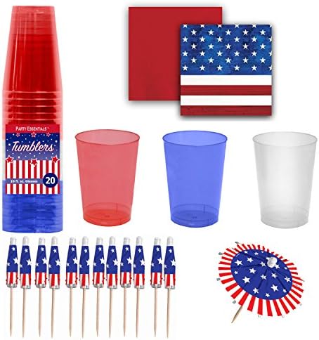 Patriotic Party Supply Set - Red, White &amp; Blue Premium Plastic Cups with Coordinating Beverage Napkins &amp; Jumbo Umbrella Cocktail Picks / Drink Stirrers - Patriotism Theme