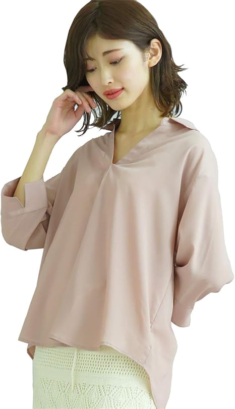 Amazon アドティエ 襟付き タックスキッパーシャツ レディース シャツ ブラウス トップス オープンカラー７分丈 ゆったり タック ドレープ ピンク F シャツ ブラウス 通販