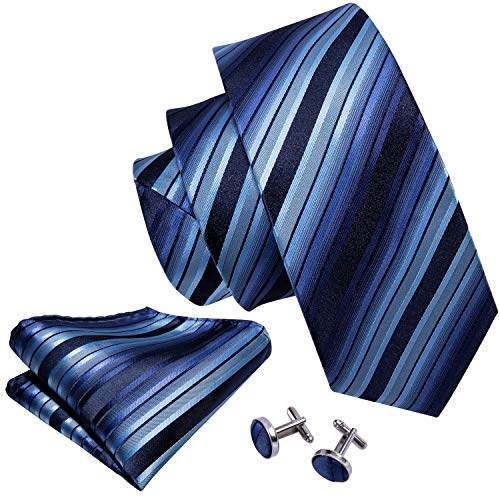 Barry.Wang Mens Tie Set Handkerchief Cufflink Stripe Blue