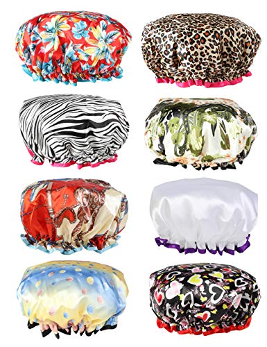 Thunaraz 8Pack Shower Caps for Women Girls Satin Bonnet Waterproof Hair Cap Double Layer - Thumbnail 7
