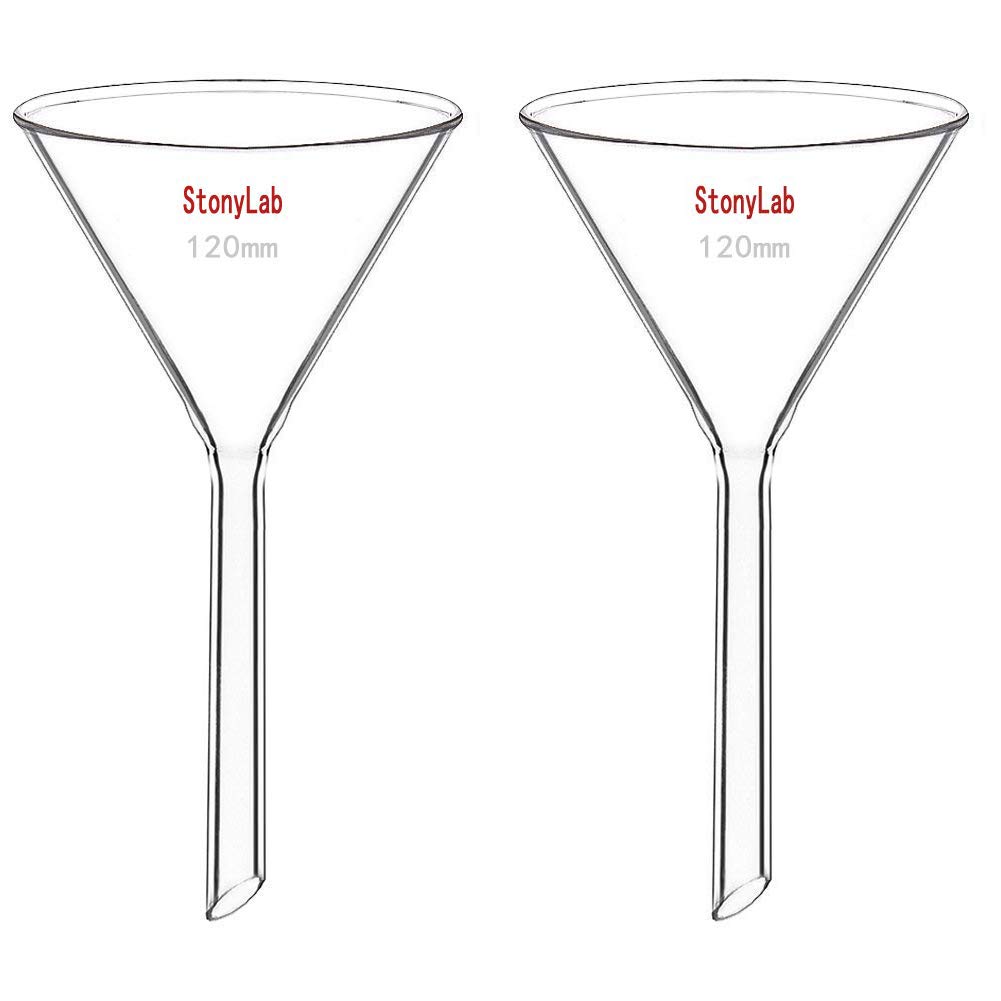 StonyLab 2-Pack Glass Heavy Wall Funnel Borosilicate Glass Funnel, 120mm Diameter, 120mm Stem Length