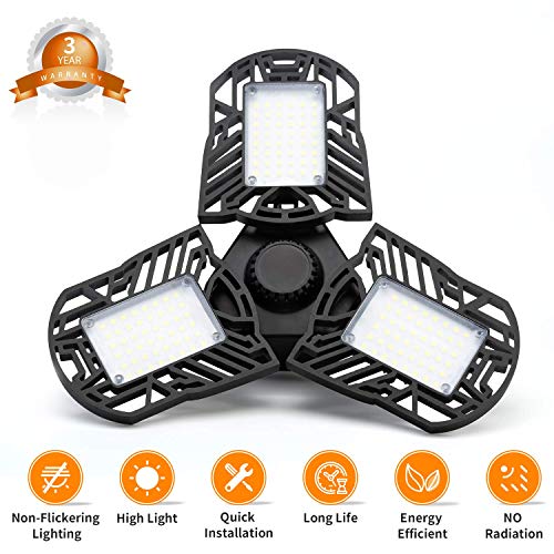 Garage Lights, LED Deformable Garage Light, Ultra-Bright Shop Lightning with 3 Adjustable Panels, Garage Ceiling Light for Workshop/Warehouse (60W)