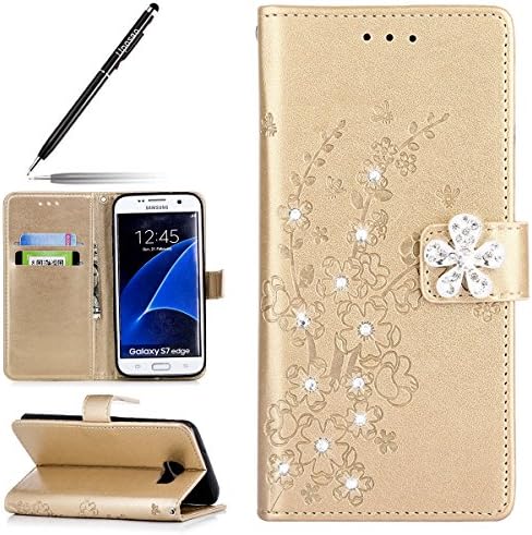 Glitter Case Leather for Samsung Galaxy S7 Edge, Flip Wallet Case Cover for Samsung Galaxy S7 Edge, Uposao Luxury Glitter Sparkly Diamond Rhinestone Case Floral Butterfly Pattern Grils Women PU Lea