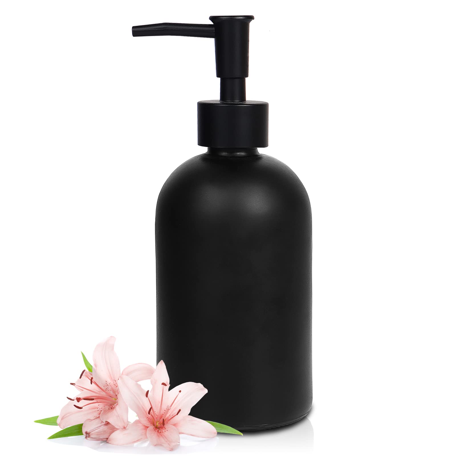 Topsky Glass Soap Dispenser with Plastic Pump, 410ml Liquid Hand Soap Dispenser, Rustproof Pump for Kitchen & Bathroom, Great for Lotions, Essential Oil, Liquid Soaps (Black)