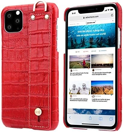 GGEBKEA- for iPhone 11 Pro Max 6.5 Case Cover, Crocodile Texture Real Cowhide Genuine Leather Case with Hand Strap Holder, Smartphone Back Cover for iPhone 11 Pro Max 6.5 inch 2019 (Color : Red)