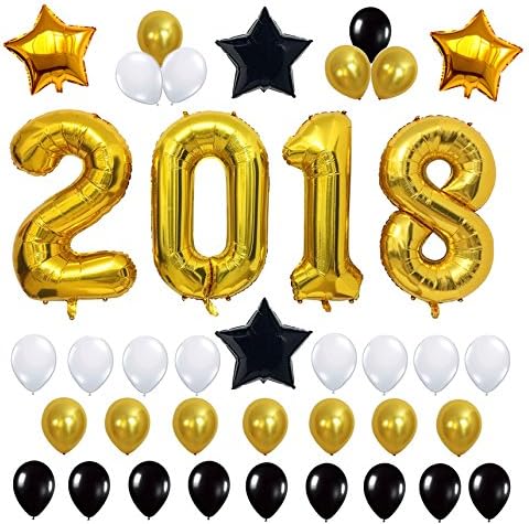 Graduation Party Supplies 2018 Gold Balloons Decorations 42 Inch with Gold, Black & Silver Latex Balloons and Gold & Black Foil Mylar Star Balloons for Event, Bridal Wedding Graduation Party