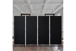 Maxhonor 4 Panels Room Divider 6 FT Tall Weave Material Room Divider, Double Hinged Folding Privacy Screens, Freestanding Room Dividers, Black