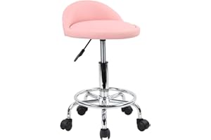 KKTONER PU Leather Round Rolling Stool with Foot Rest Height Adjustable Swivel Drafting Work SPA Task Chair with Wheels (Pink)