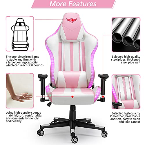 XVOLSPORT Pink Gaming Chair with LED Lights and Lumbar Support for