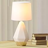 SOTTAE Modern Small White and Gold Ceramic Table Lamp, Irregular Geometric Desk Lamp with White Fabric Shade, Beside…