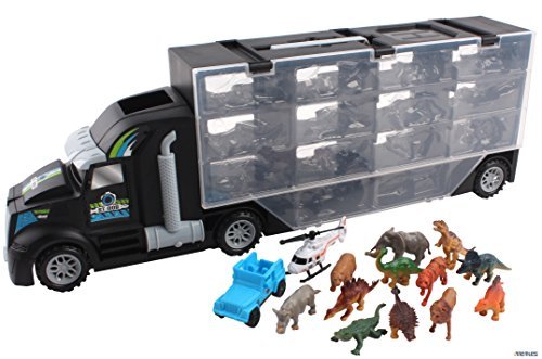 Memtes Dinosaur and Wild Life Animal Safari Car Carrier Transport Truck Toy (Includes 6 Dinosaurs 6 Animal, Jeep and Helicopter)