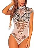 Fashion Women Boho Floral Short Sleeves Mesh Jumpsuit Leotard Stretch Bodysuit (M)