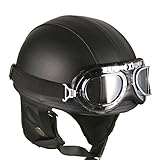 Leather Black Goggles Vintage German Style Half Helmet Motorcycle Biker Cruiser Scooter Touring Helmet