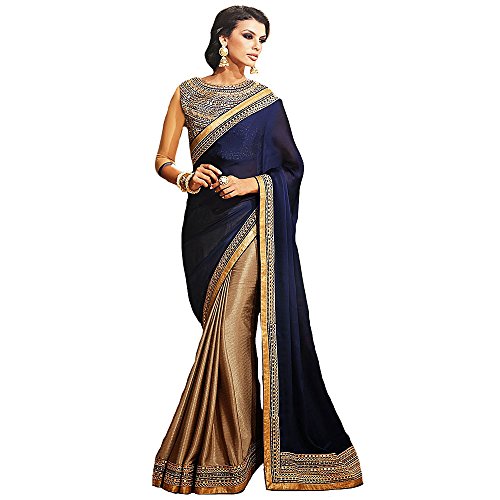 Shree Designer Sarees Women's Repute Brown & Navy Blue Georgette On Silk Saree