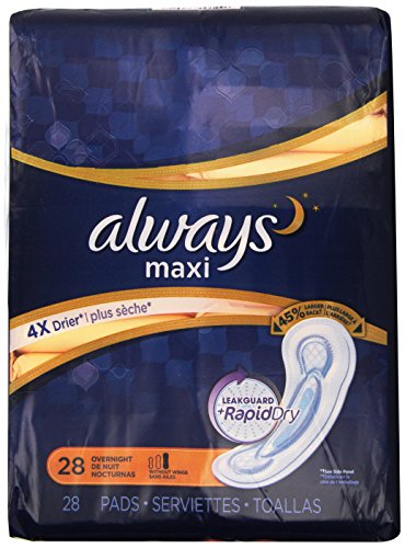 Always Maxi Size 4 Feminine Pads without Wings, Overnight Absorbency, Unscented, 28 Count