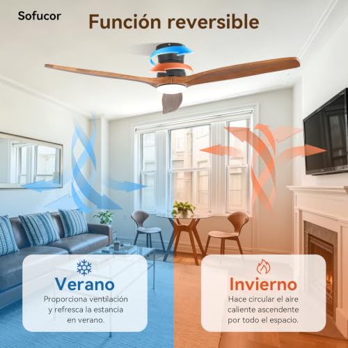 Sofucor Smart Ventilador de Techo con Luz, 132cm Madera Maciza Ventilador de Techo con Alexa/APP/WiFi, Mando a Distancia, DC, 3 Temperaturas de Color, Temporizador, 6 Velocidades para Salón