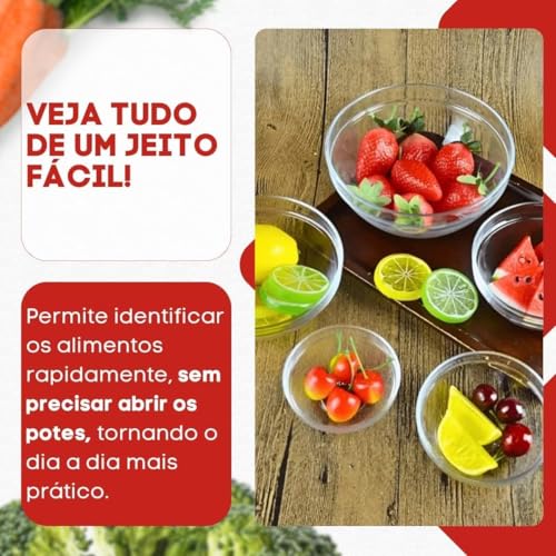 Kit Conjunto 5 Potes de Vidro Organizadores de Cozinha Tigelas de Vidro Armazenar Alimentos Saladas Frutas e Marmitas Tampa à Prova de Vazamentos Premium - Cores Sortidas